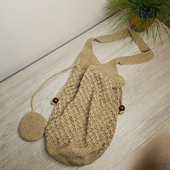 Crochet 100% Rayon Tan Hobo Bag  Drawstring Slouchy Summer Beach Minimalist - Picture 1 of 10